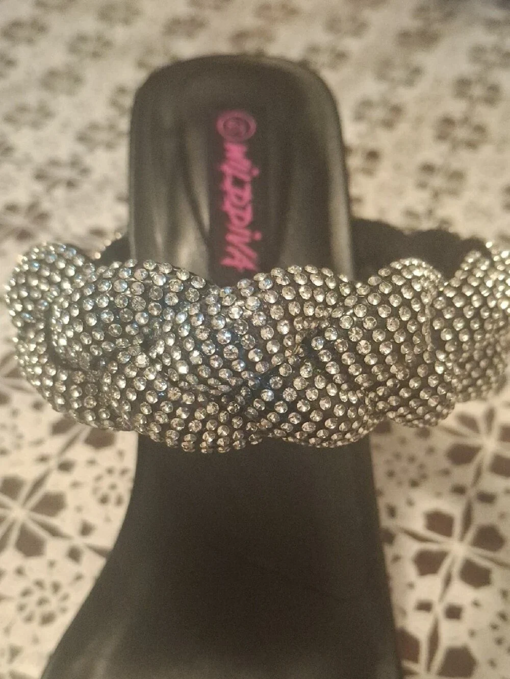 Black Crystal-Braided Block Heel Sandal by Wild Diva